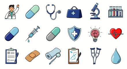 A vibrant collection of medical icons, including pills, a stethoscope, and various healthcare-related symbols, designed for medical and healthcare-related projects.