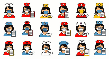 A collection of diverse nurses, each wearing a face mask and holding a clipboard, representing healthcare professionals and medical staff.