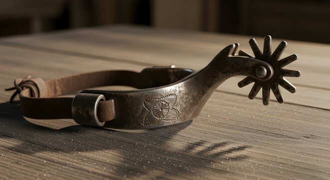 Antique cowboy spur resting on a wooden surface with soft, natural lighting