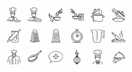 Obraz premium Chef-themed line art icons depict cooking activities, from preparing ingredients to serving finished dishes, perfect for culinary projects.