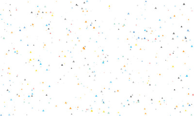 Abstract background with scattered small colorful triangles and dots in orange, blue, and yellow creating a dynamic and playful pattern, isolated on