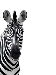 Obraz premium A striking close-up of a zebra showcasing its unique black and white stripes. Ideal for wildlife and nature themes.