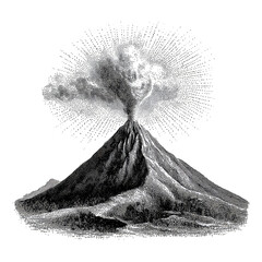 Explosive Vintage Engraving of an Erupting Volcano on Black