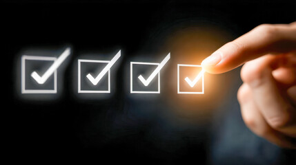 Finger selecting illuminated checkbox in a sequence of completed check marks representing task completion and decision-making on a digital interface