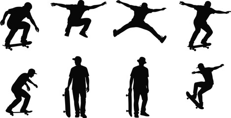 Skateboarder silhouettes, aerial tricks, skateboarding poses, urban sport, extreme action, black figures, freestyle moves, youth culture, stunt motion, dynamic © Ideasy Mind