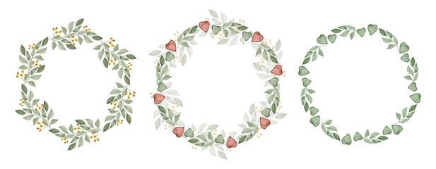 Hand-painted watercolor wreath made of green eucalyptus leaves, botanical circular frame for wedding invitations, cards and natural design projects