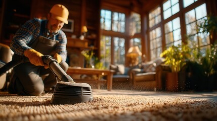 Professional carpet cleaning service restoring a plush rug in a sunlit home, offering deep clean and allergen removal for a healthy, fresh living space