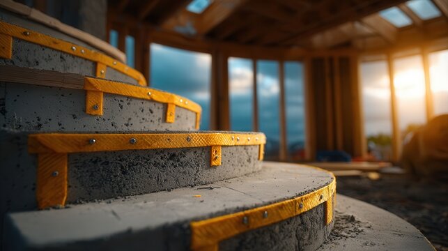 Creative concrete staircase under construction with wooden support in a modern home, promising architectural brilliance and innovative design for stylish living