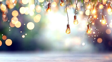 A string of incandescent bulbs hangs in front of a blurred background of warm bokeh lights, creating a festive and magical atmosphere.
