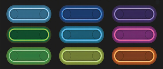 Set of nine colorful vector buttons or indicators with glowing outlines for user interface elements