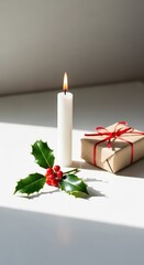 Minimalist Christmas still life with a lit candle, a sprig of holly, and a wrapped gift in bright sunlight.