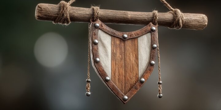 Wooden shield-shaped sign hanging from a wooden bar with a blurred background