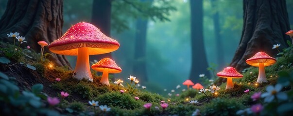 Enchanting Glowing Mushrooms and Sparkling Flora in a Magical Woodland Scene