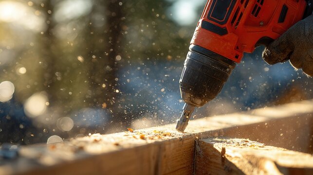 Power drill driving screw into wood with dust particles flying in sunlit outdoors, a construction project showcasing skill and craftsmanship