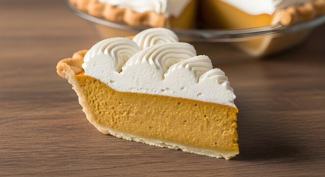 Slice of pumpkin pie with whipped cream on a wooden table surface - Powered by Adobe