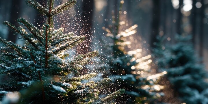 Christmas tree covered with snow on sunny day