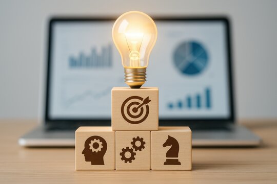 Light bulb atop wooden blocks representing strategy, analytics, and creativity in business development. Concept of innovation, problem-solving, and goal achievement in a digital age.
