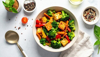 A vibrant bowl of stir-fried tofu and colorful vegetables, including broccoli, carrots, and bell peppers, is presented with fresh herbs, spices, and a spoon.