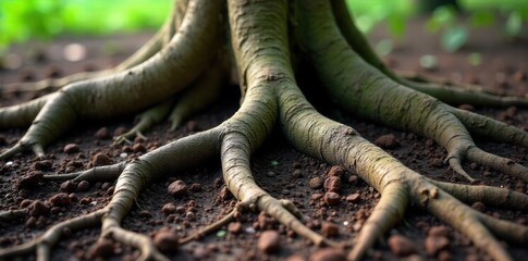 Root System of a Tree as Organic Organizational Structure and Growth A macro view of an intricate, sprawling tree root system partially submerged in rich, dark soil. The roots are detailed and
