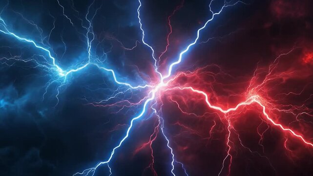 Blue and Red Lightning Bolts Clashing in Dark Stormy Sky image photo