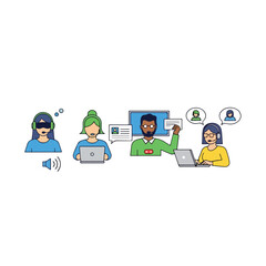 A group of diverse people engaged in a virtual meeting with laptops and speech bubbles on a simple background. Perfect for business, remote work, and teamwork presentations.