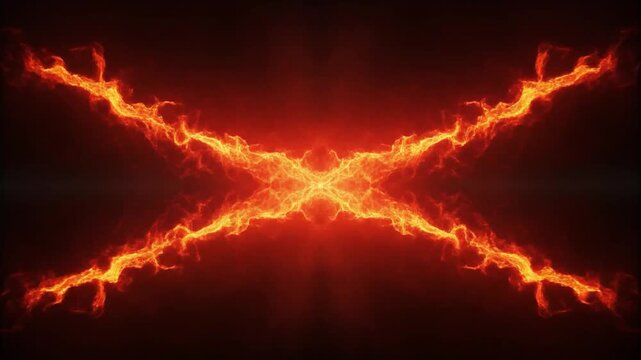 Symmetrical abstract pattern of bright orange and yellow fiery energy tendrils against a dark background