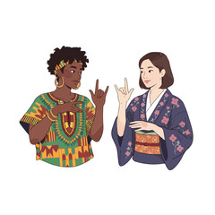 Two women from different cultures communicating through sign language, one in traditional African attire and the other in a kimono, on a white background. Perfect for education, cultural