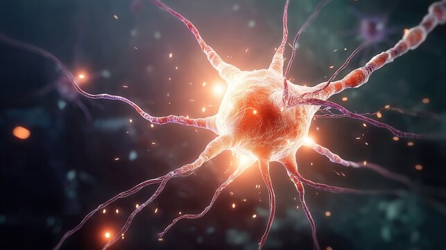 Stunning neuron cell illustration for medical research and pharmaceutical advertising, showcasing brain function and neurological studies with vibrant detail