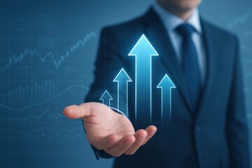 Business professional presenting growth indicators with upward arrows, symbolizing success and financial progress. Concept of data analysis, investment strategies, and market trends.