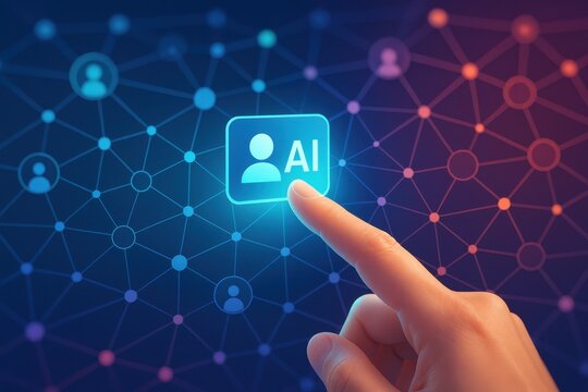 User interacting with an AI interface on a digital network, symbolizing the integration of artificial intelligence and human connection. Concept of technology and innovation in communication.