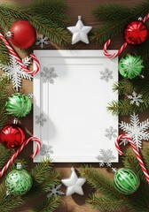 Festive Christmas flat lay with a blank white frame, ornaments, candy canes, and fir branches on a wooden background.
