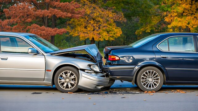 Rear-End Car Collision on Urban Road with Damaged Vehicles in Autumn Setting
