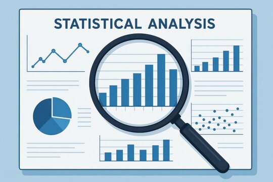 Magnifying glass highlighting statistical analysis charts on a report. Concept of data interpretation, research insights, and informed decision-making in analytics.