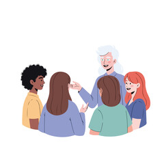 A diverse group of four people sitting in a circle and interacting with each other in a colorful, flat, vector-style illustration. Perfect for teamwork, collaboration, and communication