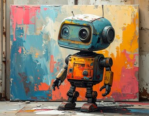 A whimsical robotic figure stands before a colorful abstract painting. It has a rounded head, large eyes and a boxy torso