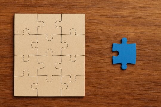 Single blue puzzle piece beside an incomplete brown puzzle on a wooden background, symbolizing problem-solving and cognitive challenge. - Powered by Adobe