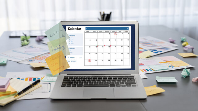 Sticky note for creative and analytic brainstorm for business idea with BI data dashboard on laptop screen. Analysis financial data visualization tech for marketing strategy. Prodigy - Powered by Adobe