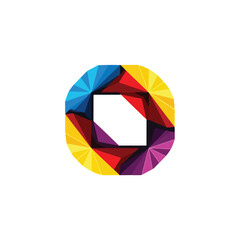 A colorful geometric icon with a white square in the center, composed of multicolored triangular shapes, presented on a plain background. Perfect for logos, branding, and graphic resources.