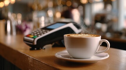 A steaming cup of coffee sits on a wooden counter next to a payment terminal in a cozy cafe setting, creating a warm and inviting atmosphere.
