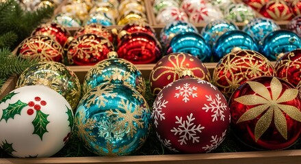 Assortment of Festive Christmas Ornaments in Rows with Pine Branches Christmas decorations