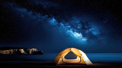A glowing tent sits on a dark beach beside the ocean, beneath a vast expanse of stars and the Milky Way.