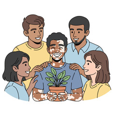A diverse group of young adults gathered around a man holding a potted plant, smiling and showing support in a colorful vektor icon illustration. Perfect for social media, community