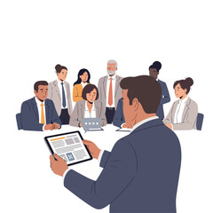 A diverse group of business professionals gathered around a table, looking at a man presenting on a tablet with a vektor icon, in a modern office setting with a minimalist background.