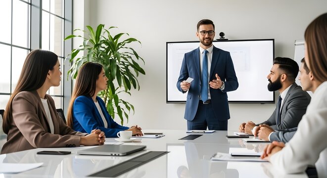 Business Meeting Presentation with Male Speaker and Diverse Team in Modern Office boardroom