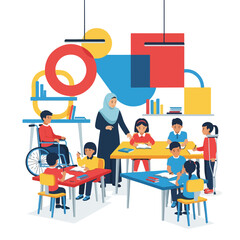 A diverse group of children and a teacher in a classroom with colorful desks and geometric shapes, presented in a vibrant digital illustration. Perfect for education, learning materials,