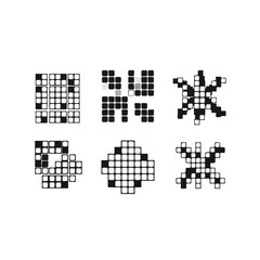 A set of six pixelated icons in black and white, arranged in two rows on a plain white background. Perfect for graphic resources, vektor icons, and digital illustrations.