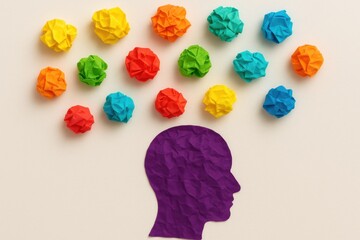 Creative thought process visualized with colorful paper crumples around a purple silhouette, symbolizing imagination, brainstorming, and mental exploration.