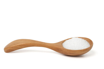 White granulated sugar in a wooden spoon. isolated on a white background.