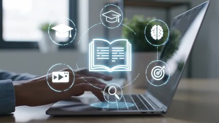 E-learning concept of digital online education. Person studying with laptop