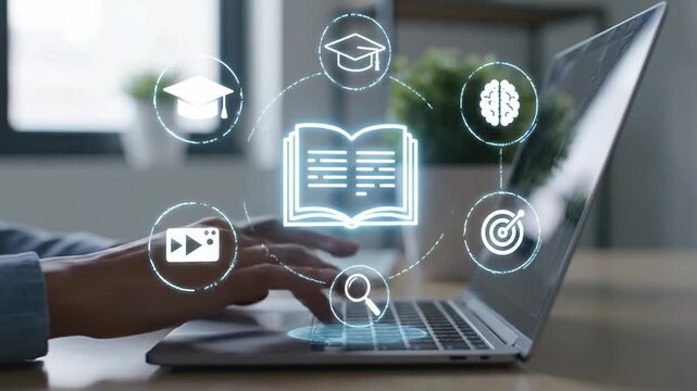 E-learning concept of digital online education. Person studying with laptop